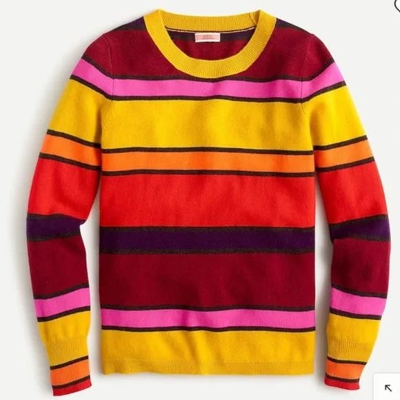 J Crew 100% Cashemere Crewneck Sweater Size XS Multi Stripe Mustard Yellow Red - Picture 1 of 6